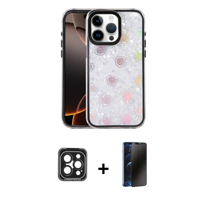MARSİLYAN™- iPhone 15 Pro Max Kılıf Odak Prime - Siyah 3D Antistatik Hayalet Cam Ekran Koruyucu + PVD Metal Kamera Lens - SH