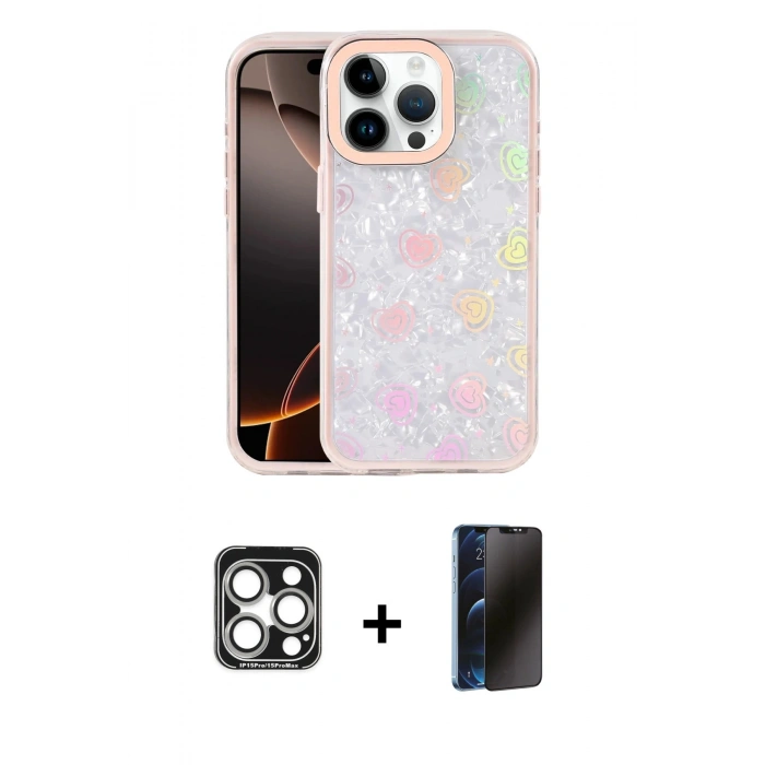 MARSİLYAN™- iPhone 15 Pro Max Kılıf Odak Prime - Siyah 3D Antistatik Hayalet Cam Ekran Koruyucu + PVD Metal Kamera Lens - GS