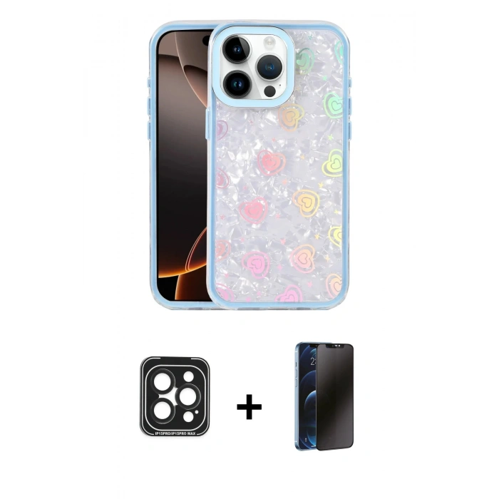 MARSİLYAN™- iPhone 15 Pro Max Kılıf Odak Prime - Siyah 3D Antistatik Hayalet Cam Ekran Koruyucu + PVD Metal Kamera Lens - SH
