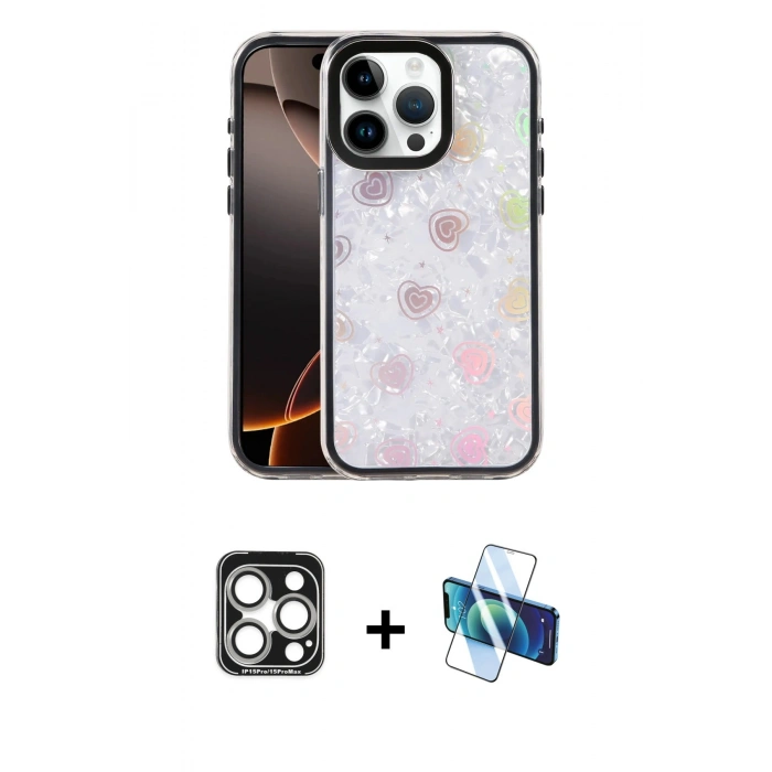MARSİLYAN™- iPhone 15 Pro Max Kılıf Odak Prime - Siyah 3D Antistatik Seramik Nano Ekran Koruyucu + PVD Metal Kamera Lens - GS