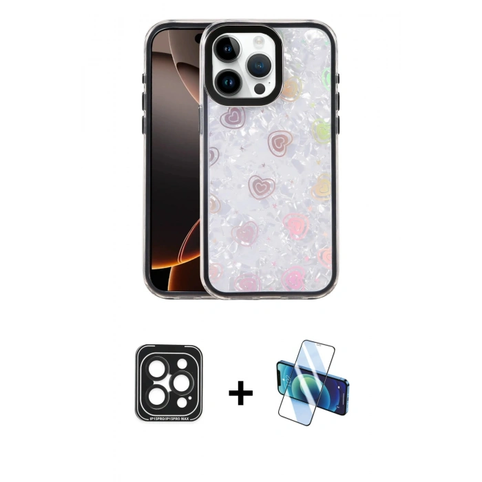 MARSİLYAN™- iPhone 15 Pro Max Kılıf Odak Prime - Siyah 3D Antistatik Seramik Nano Ekran Koruyucu + PVD Metal Kamera Lens - SH
