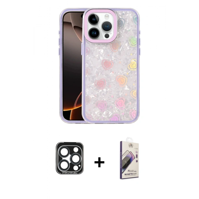 MARSİLYAN™- iPhone 15 Pro Max Kılıf Odak Prime - Siyah Bilvis 3D Mat Cam Ekran Koruyucu + Lacivert PVD Metal Kamera Lens