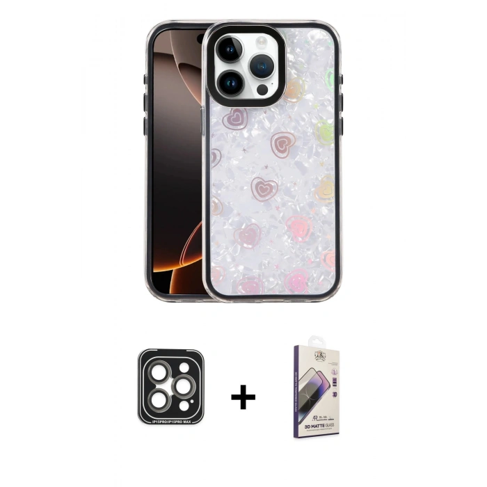 MARSİLYAN™- iPhone 15 Pro Max Kılıf Odak Prime - Siyah Bilvis 3D Mat Cam Ekran Koruyucu + PVD Metal Kamera Lens - GI