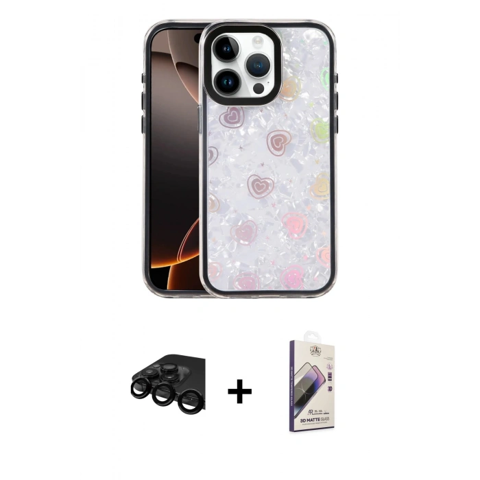 MARSİLYAN™- iPhone 15 Pro Max Kılıf Odak Prime - Siyah Bilvis 3D Mat Cam Ekran Koruyucu + Raze Metal Kamera Lens - SH