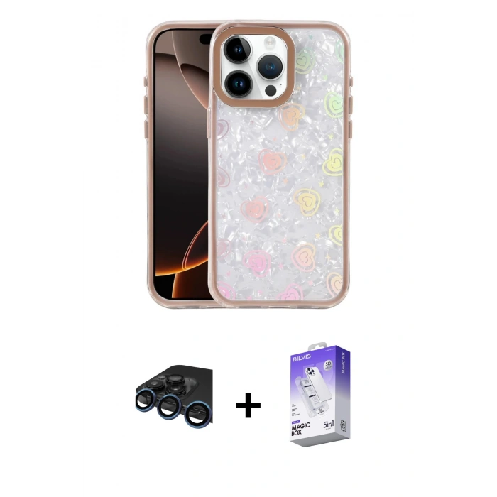 MARSİLYAN™- iPhone 15 Pro Max Kılıf Odak Prime - Siyah Bilvis 5in1 3D Magic Cam Ekran Koruyucu + Lacivert Raze Metal Kamera Lens