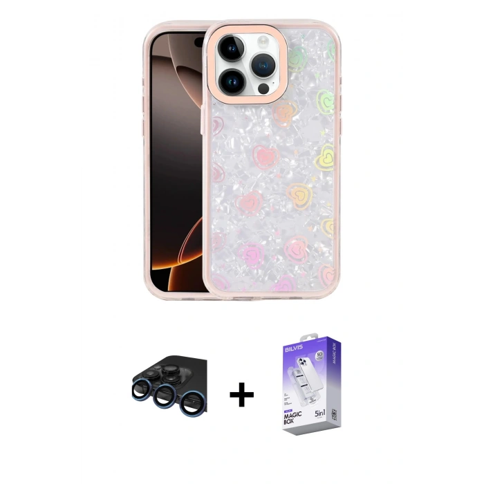 MARSİLYAN™- iPhone 15 Pro Max Kılıf Odak Prime - Siyah Bilvis 5in1 3D Magic Cam Ekran Koruyucu + Lacivert Raze Metal Kamera Lens
