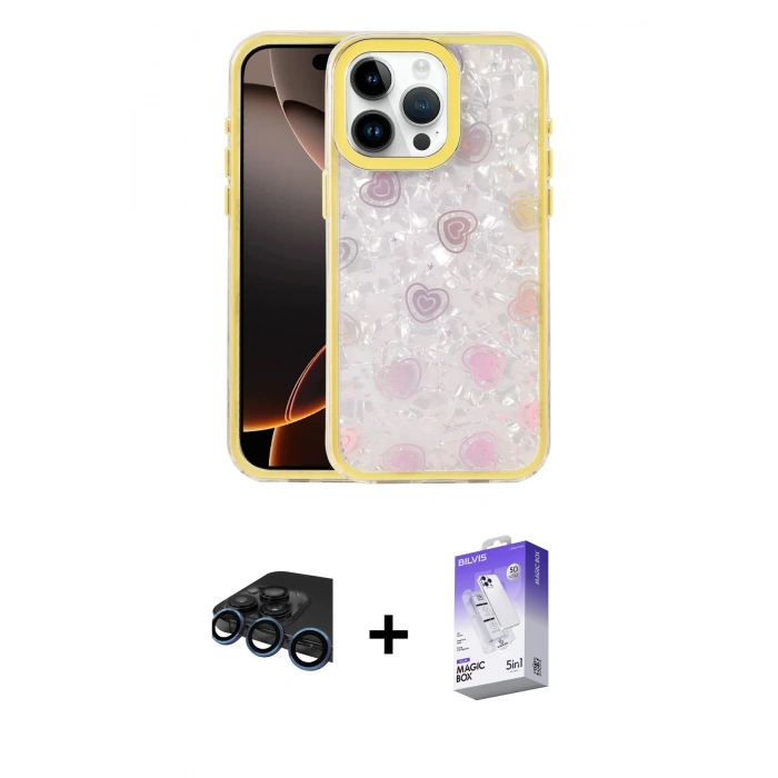 MARSİLYAN™- iPhone 15 Pro Max Kılıf Odak Prime - Siyah Bilvis 5in1 3D Magic Cam Ekran Koruyucu + Lacivert Raze Metal Kamera Lens