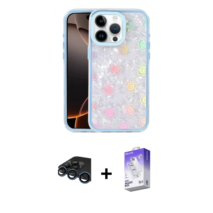 MARSİLYAN™- iPhone 15 Pro Max Kılıf Odak Prime - Siyah Bilvis 5in1 3D Magic Cam Ekran Koruyucu + Lacivert Raze Metal Kamera Lens