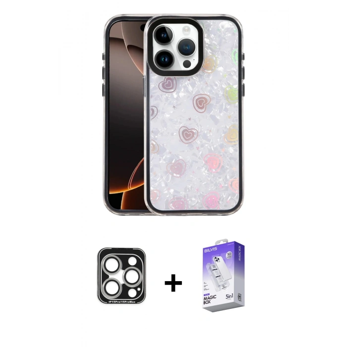 MARSİLYAN™- iPhone 15 Pro Max Kılıf Odak Prime - Siyah Bilvis 5in1 3D Magic Cam Ekran Koruyucu + PVD Metal Kamera Lens - GS