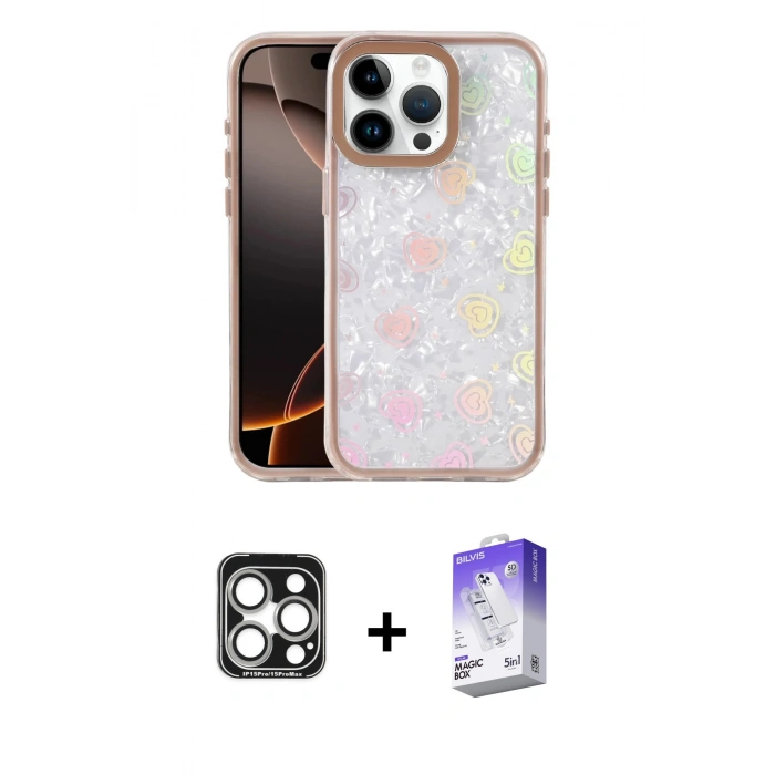 MARSİLYAN™- iPhone 15 Pro Max Kılıf Odak Prime - Siyah Bilvis 5in1 3D Magic Cam Ekran Koruyucu + PVD Metal Kamera Lens - GS