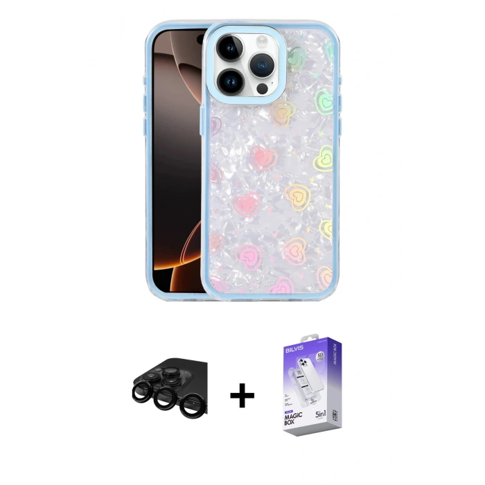 MARSİLYAN™- iPhone 15 Pro Max Kılıf Odak Prime - Siyah Bilvis 5in1 3D Magic Cam Ekran Koruyucu + Raze Metal Kamera Lens - SH