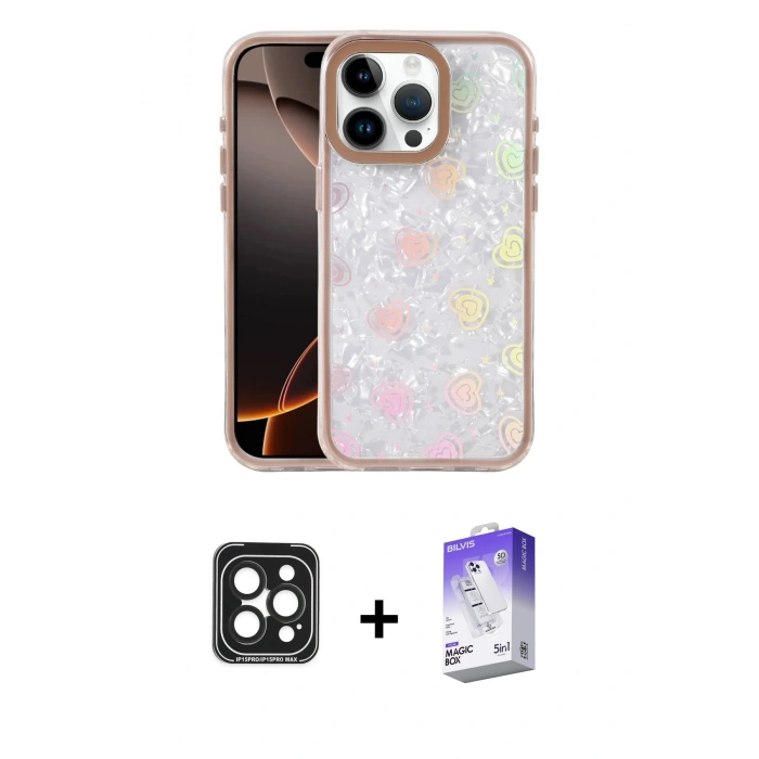 MARSİLYAN™- iPhone 15 Pro Max Kılıf Odak Prime - Siyah Bilvis 5in1 3D Magic Cam Ekran Koruyucu + PVD Metal Kamera Lens - SH