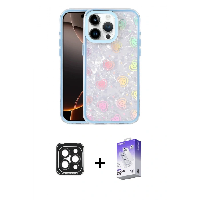 MARSİLYAN™- iPhone 15 Pro Max Kılıf Odak Prime - Siyah Bilvis 5in1 3D Magic Cam Ekran Koruyucu + PVD Metal Kamera Lens - SH