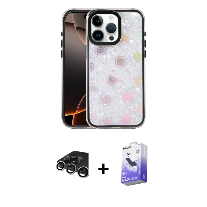 MARSİLYAN™- iPhone 15 Pro Max Kılıf Odak Prime - Siyah Bilvis 5in1 5D Magic Hayalet Cam Ekran Koruyucu + Raze Metal Kamera Lens - GS