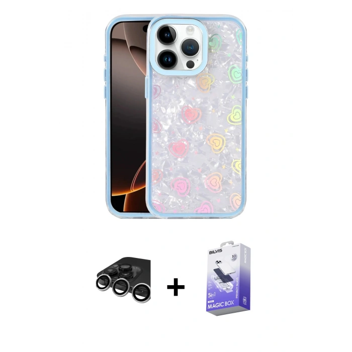MARSİLYAN™- iPhone 15 Pro Max Kılıf Odak Prime - Siyah Bilvis 5in1 5D Magic Hayalet Cam Ekran Koruyucu + Raze Metal Kamera Lens - GS