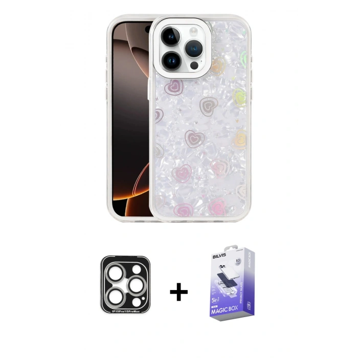 MARSİLYAN™- iPhone 15 Pro Max Kılıf Odak Prime - Siyah Bilvis 5in1 5D Magic Hayalet Cam Ekran Koruyucu + PVD Metal Kamera Lens - GS