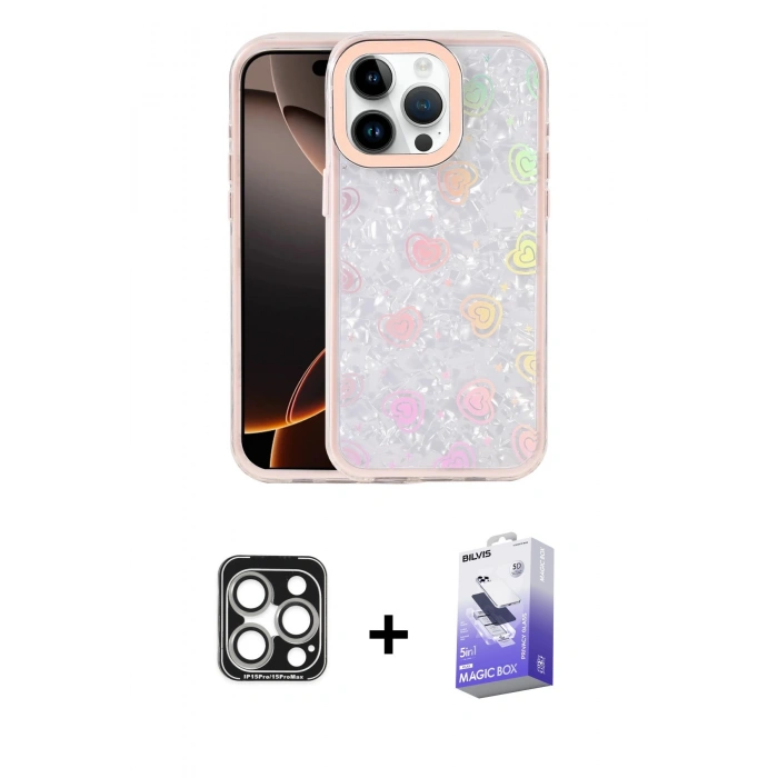 MARSİLYAN™- iPhone 15 Pro Max Kılıf Odak Prime - Siyah Bilvis 5in1 5D Magic Hayalet Cam Ekran Koruyucu + PVD Metal Kamera Lens - GS