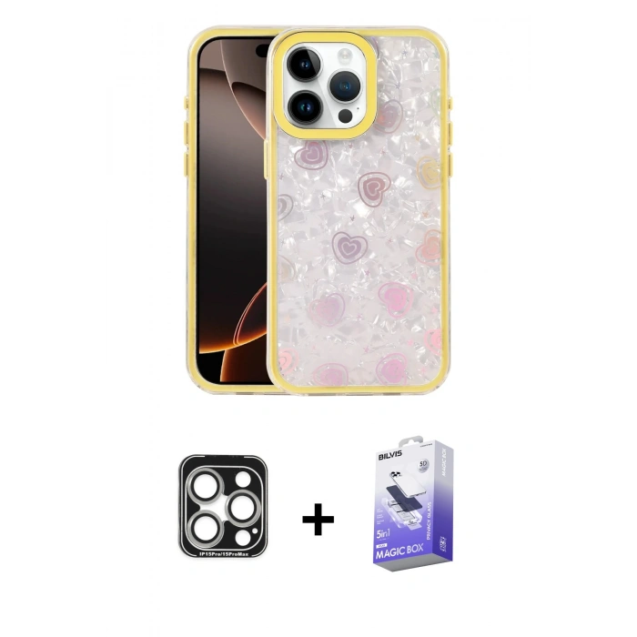 MARSİLYAN™- iPhone 15 Pro Max Kılıf Odak Prime - Siyah Bilvis 5in1 5D Magic Hayalet Cam Ekran Koruyucu + PVD Metal Kamera Lens - GS