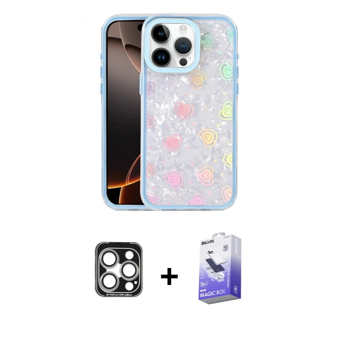MARSİLYAN™- iPhone 15 Pro Max Kılıf Odak Prime - Siyah Bilvis 5in1 5D Magic Hayalet Cam Ekran Koruyucu + PVD Metal Kamera Lens - GS