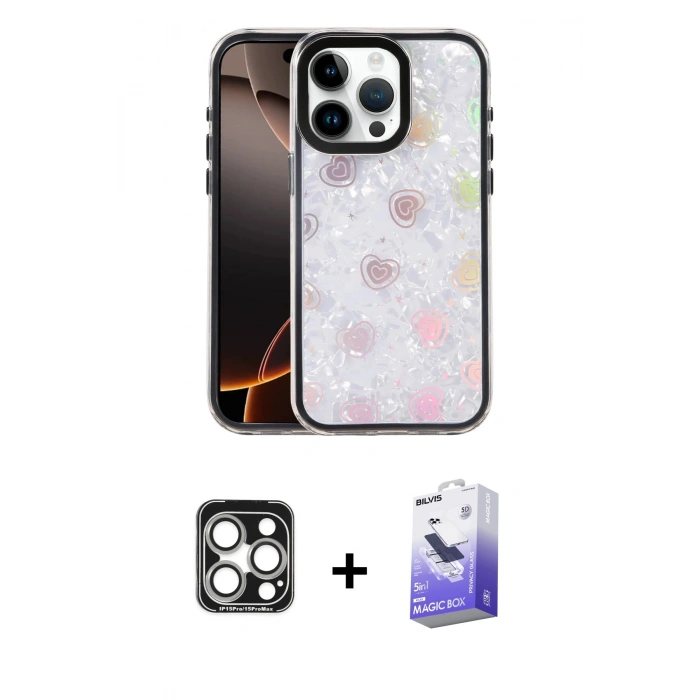 MARSİLYAN™- iPhone 15 Pro Max Kılıf Odak Prime - Siyah Bilvis 5in1 5D Magic Hayalet Cam Ekran Koruyucu + PVD Metal Kamera Lens - GS