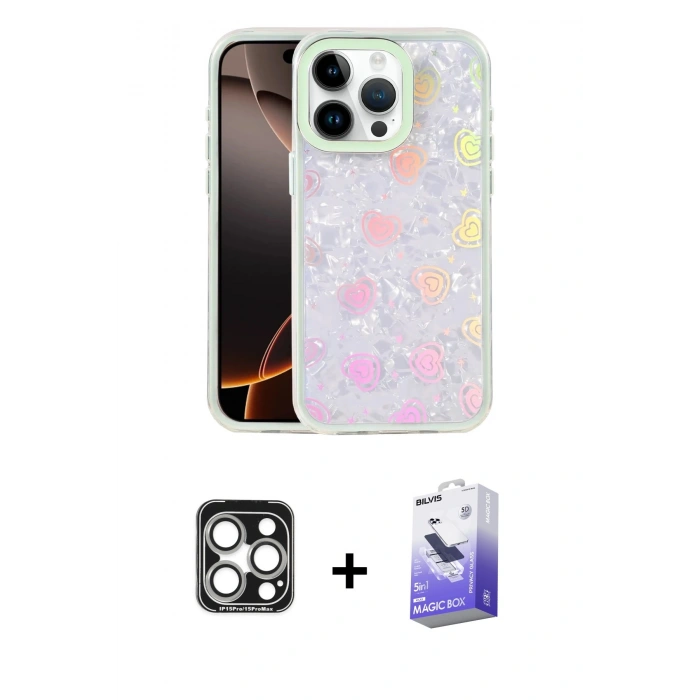 MARSİLYAN™- iPhone 15 Pro Max Kılıf Odak Prime - Siyah Bilvis 5in1 5D Magic Hayalet Cam Ekran Koruyucu + PVD Metal Kamera Lens - GS