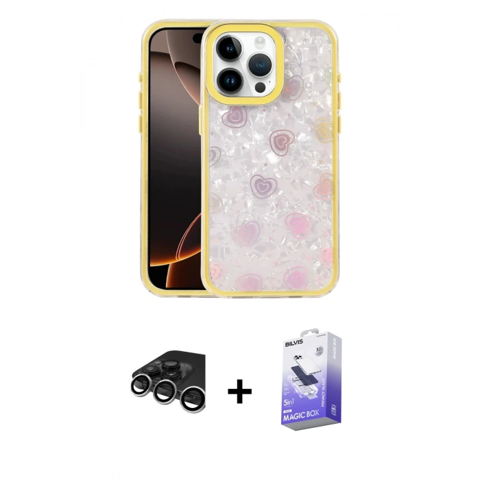 MARSİLYAN™- iPhone 15 Pro Max Kılıf Odak Prime - Siyah Bilvis 5in1 5D Magic Hayalet Cam Ekran Koruyucu + Raze Metal Kamera Lens - GS