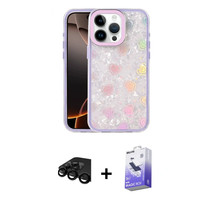 MARSİLYAN™- iPhone 15 Pro Max Kılıf Odak Prime - Siyah Bilvis 5in1 5D Magic Hayalet Cam Ekran Koruyucu + Siyah Raze Metal Kamera Lens