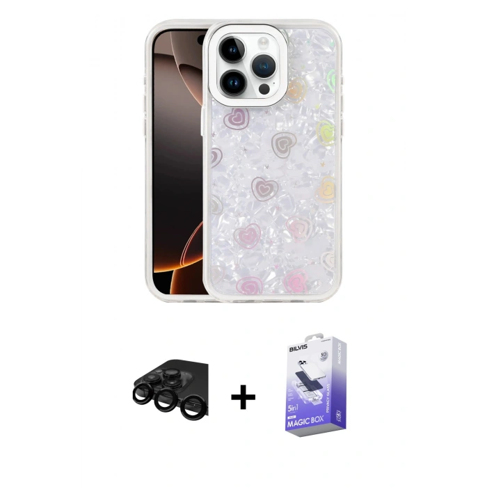 MARSİLYAN™- iPhone 15 Pro Max Kılıf Odak Prime - Siyah Bilvis 5in1 5D Magic Hayalet Cam Ekran Koruyucu + Siyah Raze Metal Kamera Lens