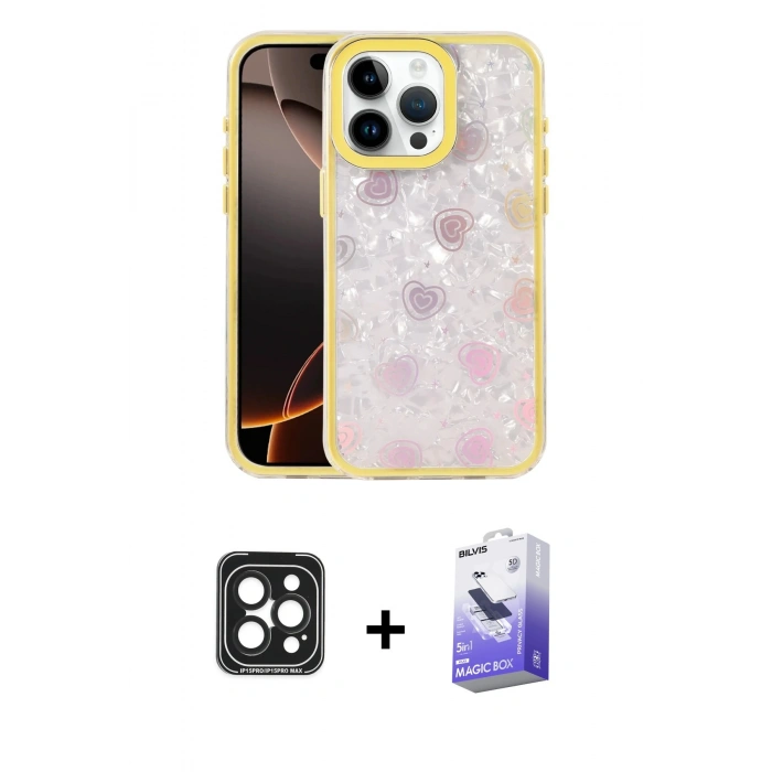 MARSİLYAN™- iPhone 15 Pro Max Kılıf Odak Prime - Siyah Bilvis 5in1 5D Magic Hayalet Cam Ekran Koruyucu + PVD Metal Kamera Lens - SH