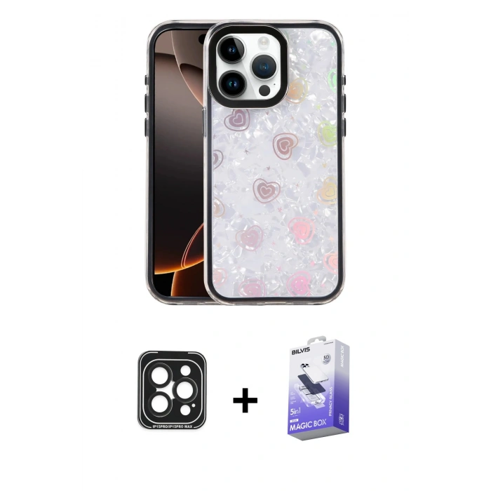 MARSİLYAN™- iPhone 15 Pro Max Kılıf Odak Prime - Siyah Bilvis 5in1 5D Magic Hayalet Cam Ekran Koruyucu + PVD Metal Kamera Lens - SH