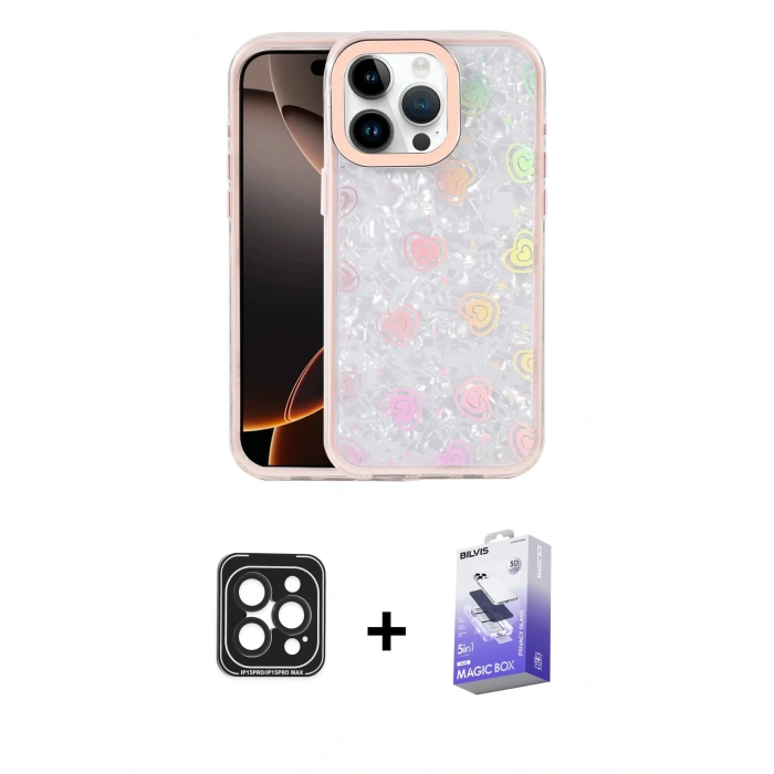 MARSİLYAN™- iPhone 15 Pro Max Kılıf Odak Prime - Siyah Bilvis 5in1 5D Magic Hayalet Cam Ekran Koruyucu + PVD Metal Kamera Lens - SH