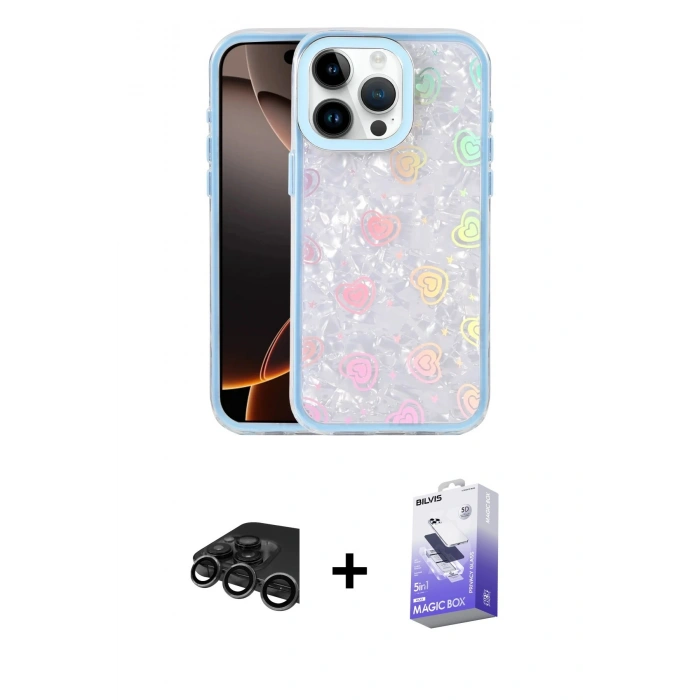 MARSİLYAN™- iPhone 15 Pro Max Kılıf Odak Prime - Siyah Bilvis 5in1 5D Magic Hayalet Cam Ekran Koruyucu + Raze Metal Kamera Lens - TMGI