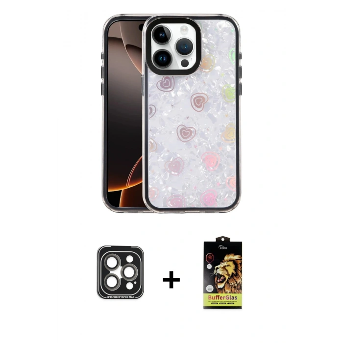 MARSİLYAN™- iPhone 15 Pro Max Kılıf Odak Prime - Siyah Buffer Cam Ekran Koruyucu + Gri PVD Metal Kamera Lens