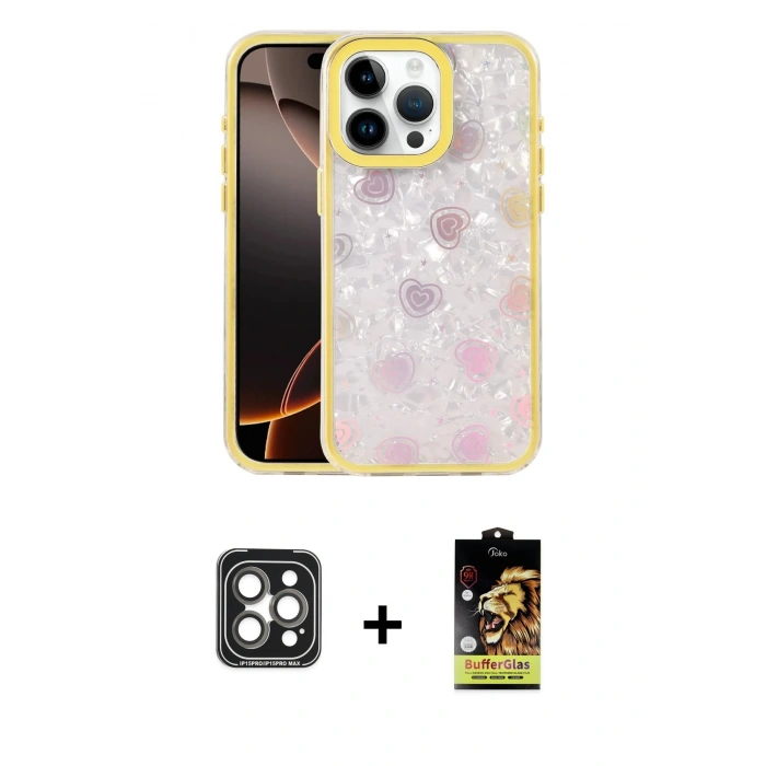 MARSİLYAN™- iPhone 15 Pro Max Kılıf Odak Prime - Siyah Buffer Cam Ekran Koruyucu + Gri PVD Metal Kamera Lens