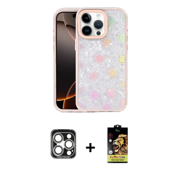MARSİLYAN™- iPhone 15 Pro Max Kılıf Odak Prime - Siyah Buffer Cam Ekran Koruyucu + PVD Metal Kamera Lens - GS