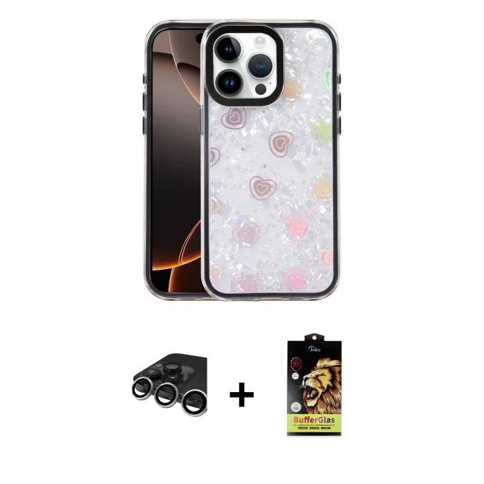 MARSİLYAN™- iPhone 15 Pro Max Kılıf Odak Prime - Siyah Buffer Cam Ekran Koruyucu + Gümüş Raze Metal Kamera Lens