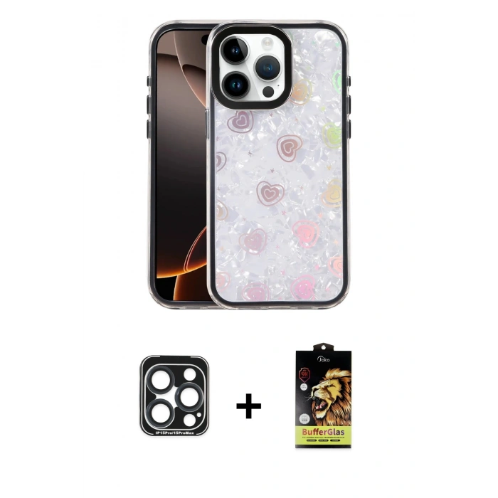 MARSİLYAN™- iPhone 15 Pro Max Kılıf Odak Prime - Siyah Buffer Cam Ekran Koruyucu + PVD Metal Kamera Lens - LT