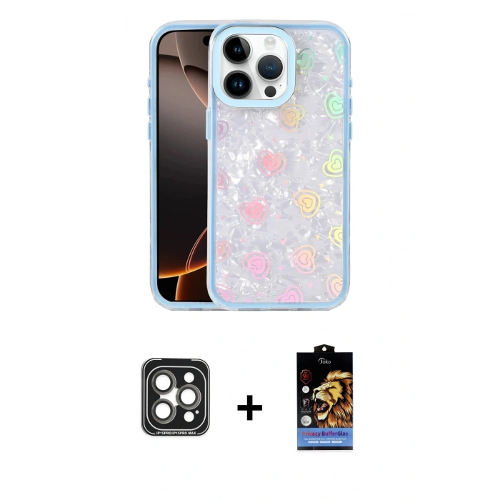 MARSİLYAN™- iPhone 15 Pro Max Kılıf Odak Prime - Siyah Buffer Hayalet Cam Ekran Koruyucu + PVD Metal Kamera Lens - GI