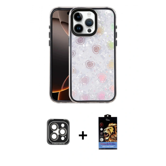MARSİLYAN™- iPhone 15 Pro Max Kılıf Odak Prime - Siyah Buffer Hayalet Cam Ekran Koruyucu + PVD Metal Kamera Lens - GI