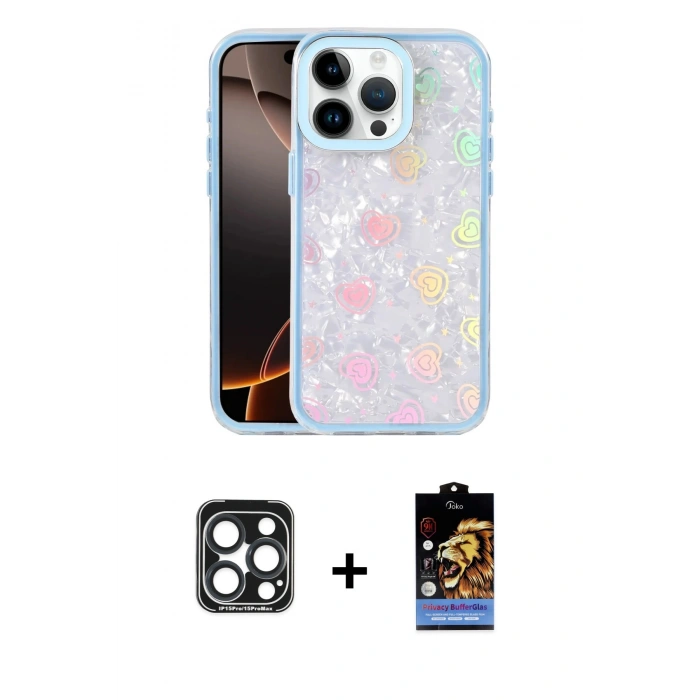 MARSİLYAN™- iPhone 15 Pro Max Kılıf Odak Prime - Siyah Buffer Hayalet Cam Ekran Koruyucu + PVD Metal Kamera Lens - LT