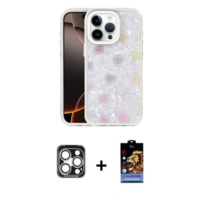 MARSİLYAN™- iPhone 15 Pro Max Kılıf Odak Prime - Siyah Buffer Hayalet Cam Ekran Koruyucu + PVD Metal Kamera Lens - GS