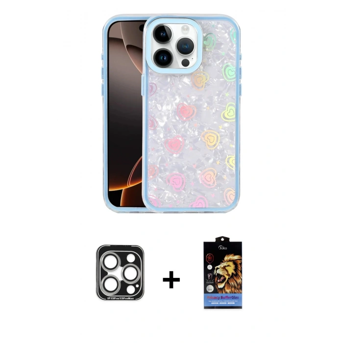MARSİLYAN™- iPhone 15 Pro Max Kılıf Odak Prime - Siyah Buffer Hayalet Cam Ekran Koruyucu + PVD Metal Kamera Lens - GS