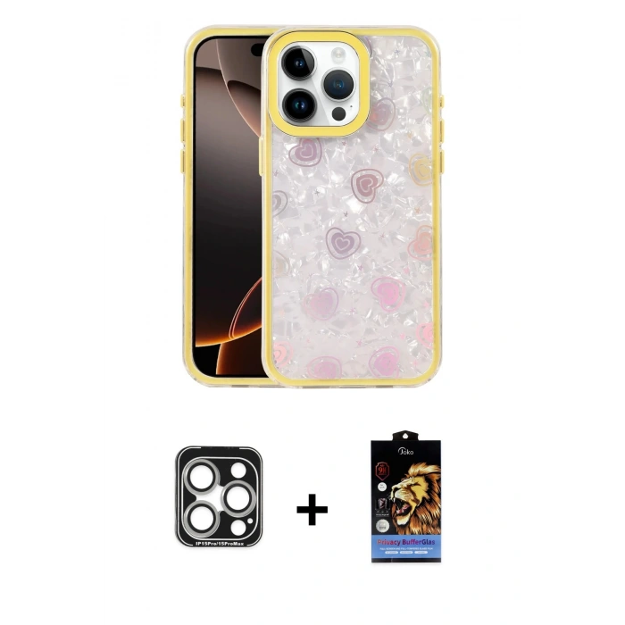 MARSİLYAN™- iPhone 15 Pro Max Kılıf Odak Prime - Siyah Buffer Hayalet Cam Ekran Koruyucu + PVD Metal Kamera Lens - GS
