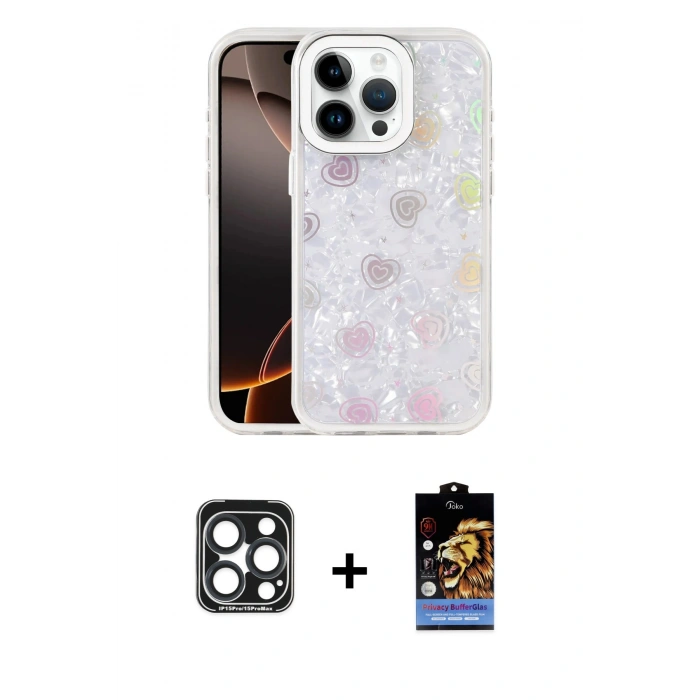 MARSİLYAN™- iPhone 15 Pro Max Kılıf Odak Prime - Siyah Buffer Hayalet Cam Ekran Koruyucu + PVD Metal Kamera Lens - LT