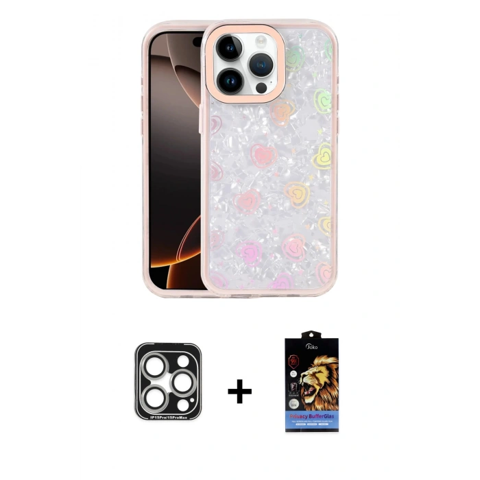 MARSİLYAN™- iPhone 15 Pro Max Kılıf Odak Prime - Siyah Buffer Hayalet Cam Ekran Koruyucu + PVD Metal Kamera Lens - GS