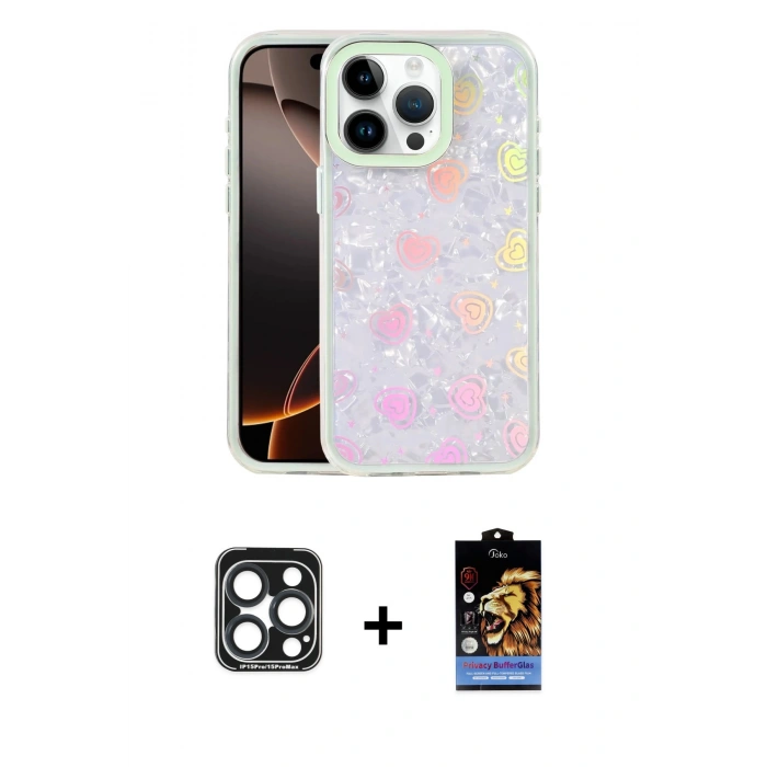 MARSİLYAN™- iPhone 15 Pro Max Kılıf Odak Prime - Siyah Buffer Hayalet Cam Ekran Koruyucu + PVD Metal Kamera Lens - LT