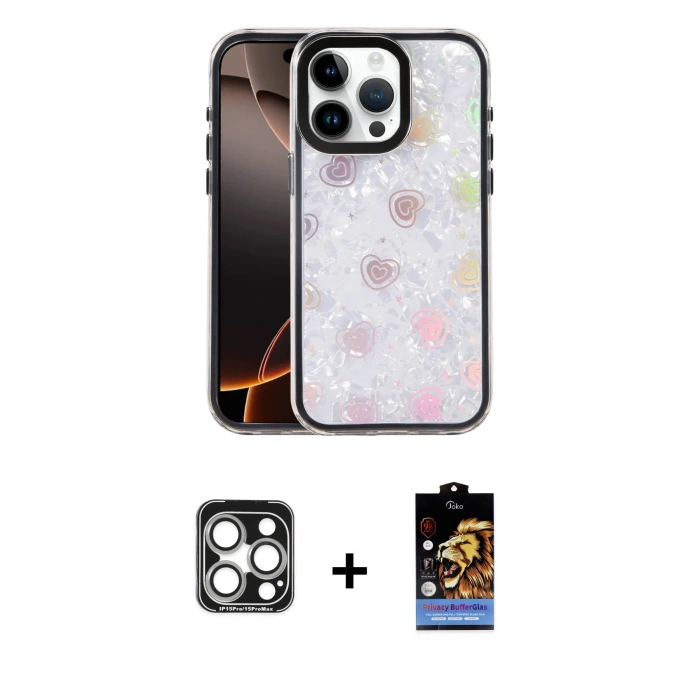 MARSİLYAN™- iPhone 15 Pro Max Kılıf Odak Prime - Siyah Buffer Hayalet Cam Ekran Koruyucu + PVD Metal Kamera Lens - GS
