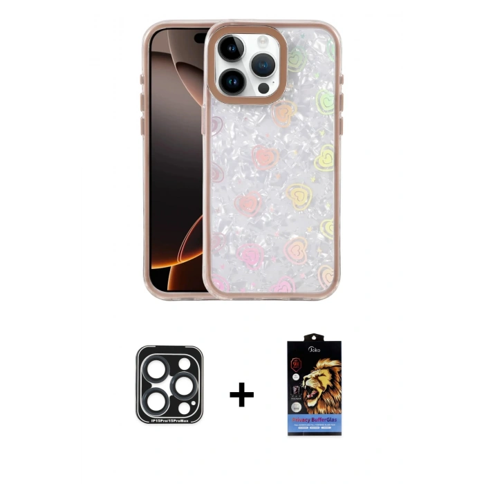 MARSİLYAN™- iPhone 15 Pro Max Kılıf Odak Prime - Siyah Buffer Hayalet Cam Ekran Koruyucu + PVD Metal Kamera Lens - LT