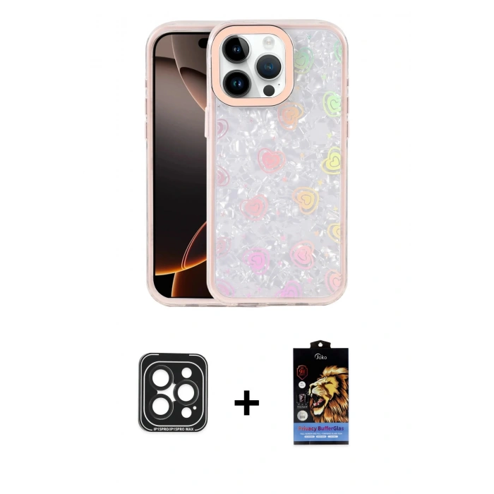 MARSİLYAN™- iPhone 15 Pro Max Kılıf Odak Prime - Siyah Buffer Hayalet Cam Ekran Koruyucu + Siyah PVD Metal Kamera Lens
