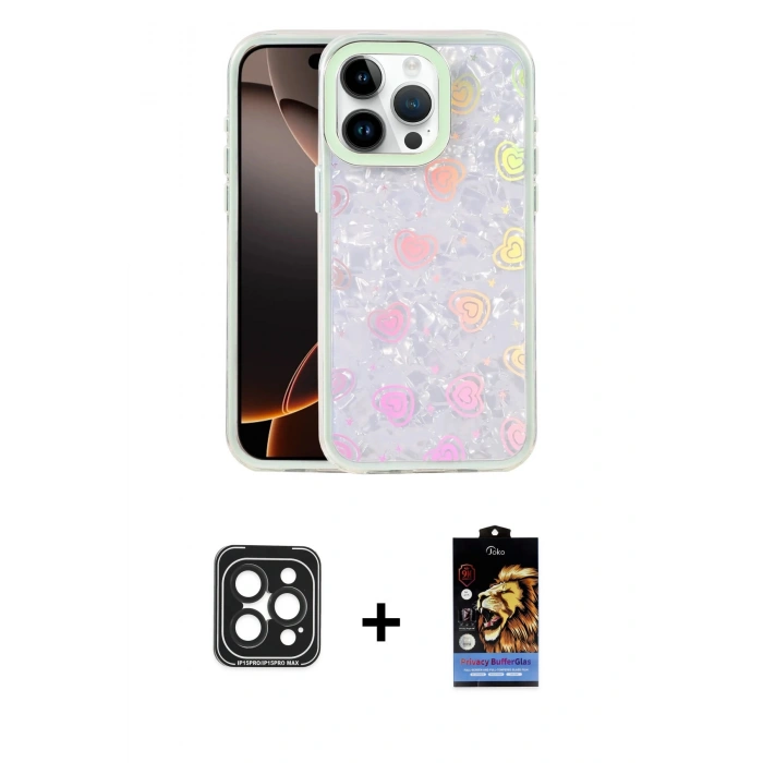 MARSİLYAN™- iPhone 15 Pro Max Kılıf Odak Prime - Siyah Buffer Hayalet Cam Ekran Koruyucu + Siyah PVD Metal Kamera Lens